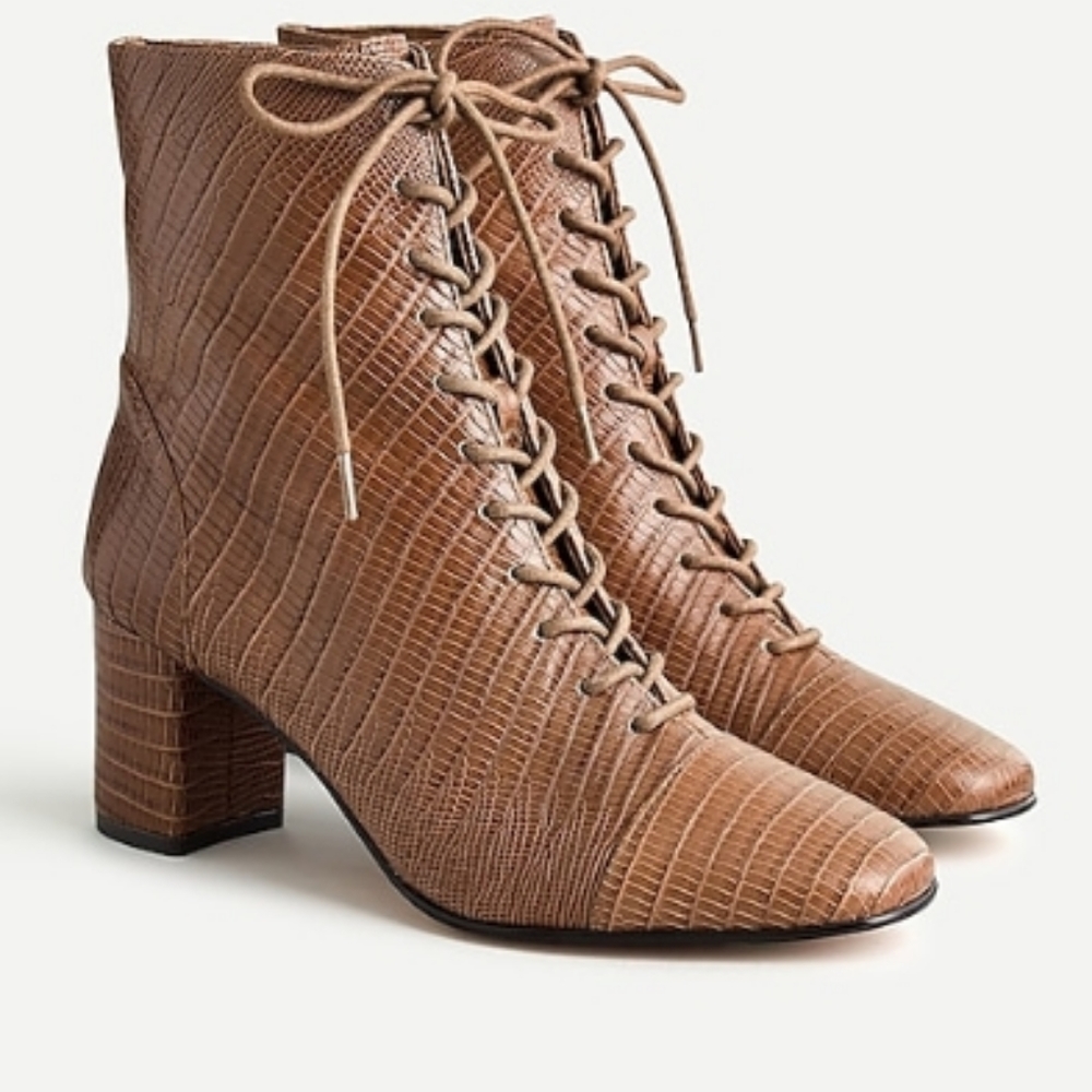 J crew lace up willa boots in lizard-embossed leather